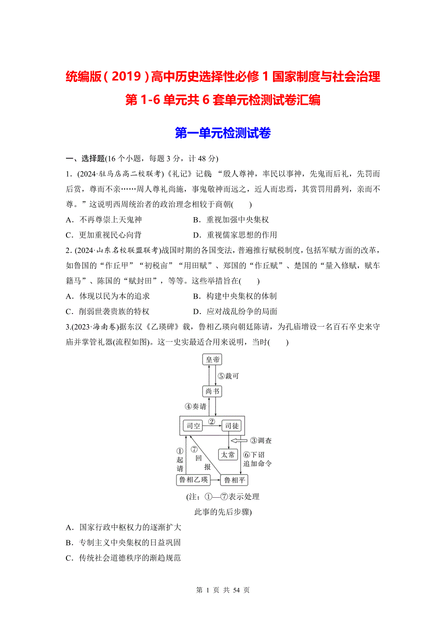 统编版（2019）高中历史选择性必修1国家制度与社会治理第1-6单元共6套单元检测试卷汇编（含答案）_第1页