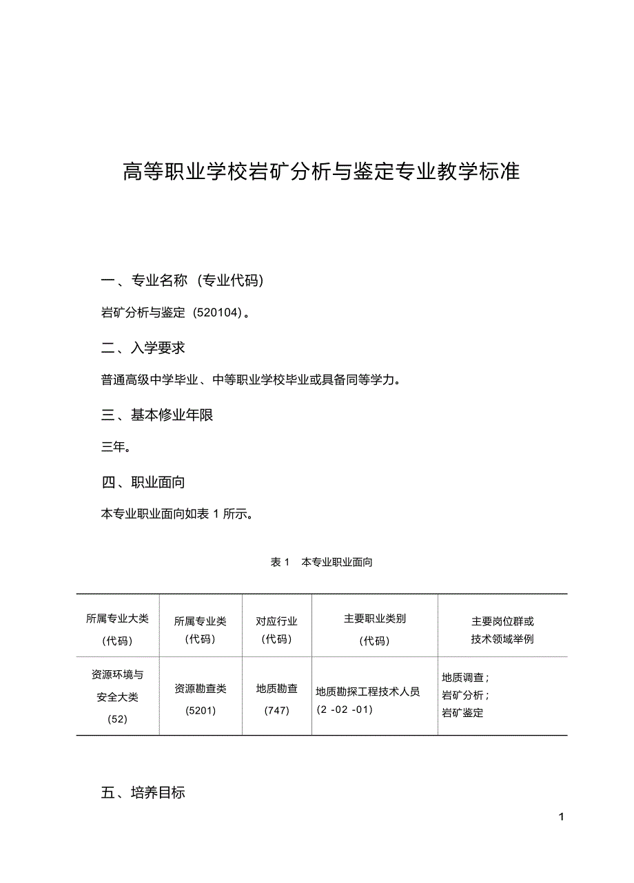 高职学校岩矿分析与鉴定专业教学标准_第1页