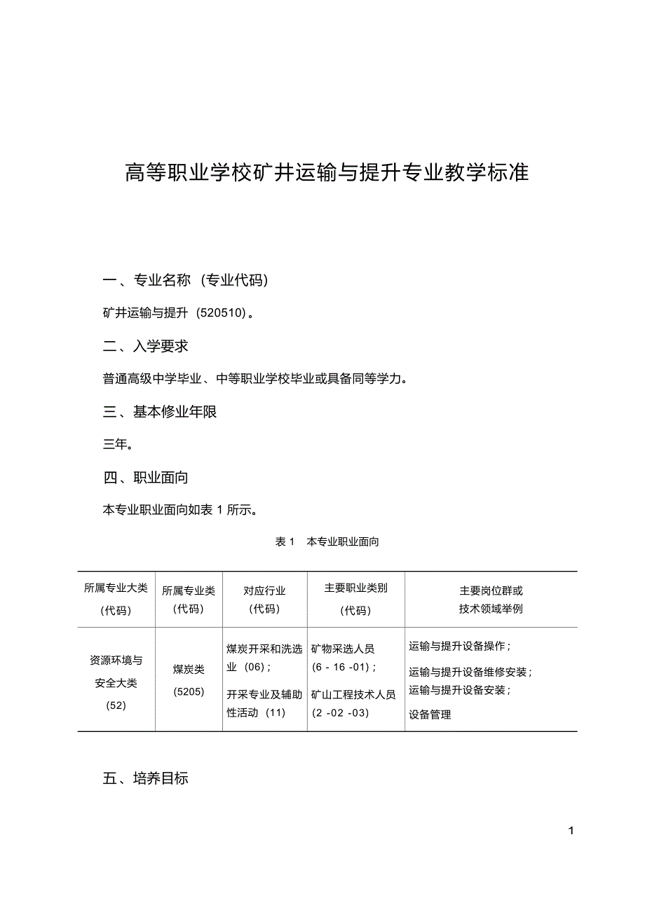 高职学校矿井运输与提升专业教学标准_第1页