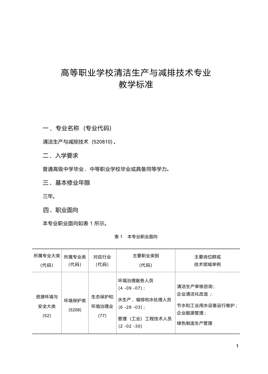 高职学校清洁生产与减排技术专业教学标准_第1页