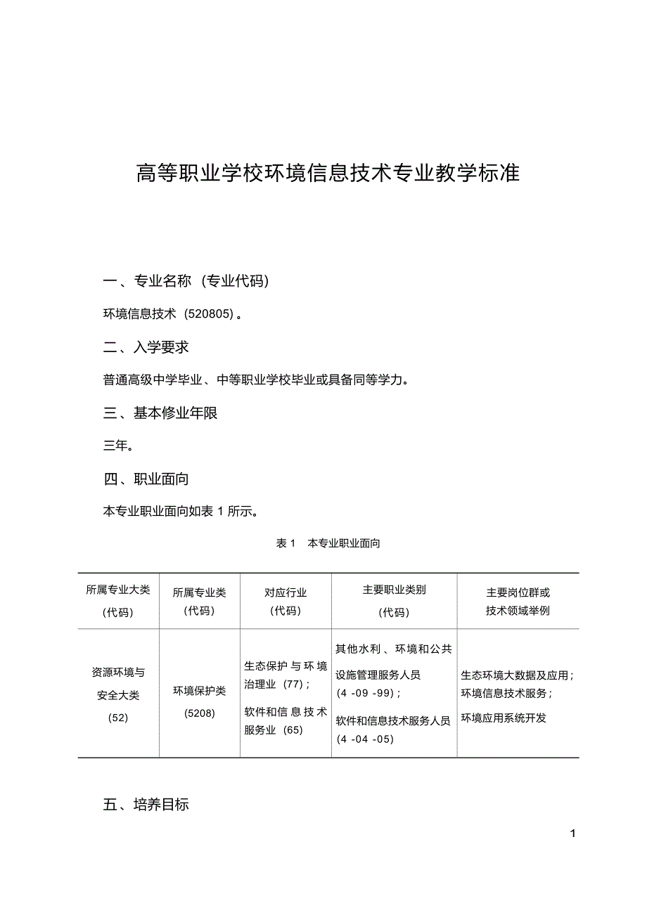 高职学校环境信息技术专业教学标准_第1页