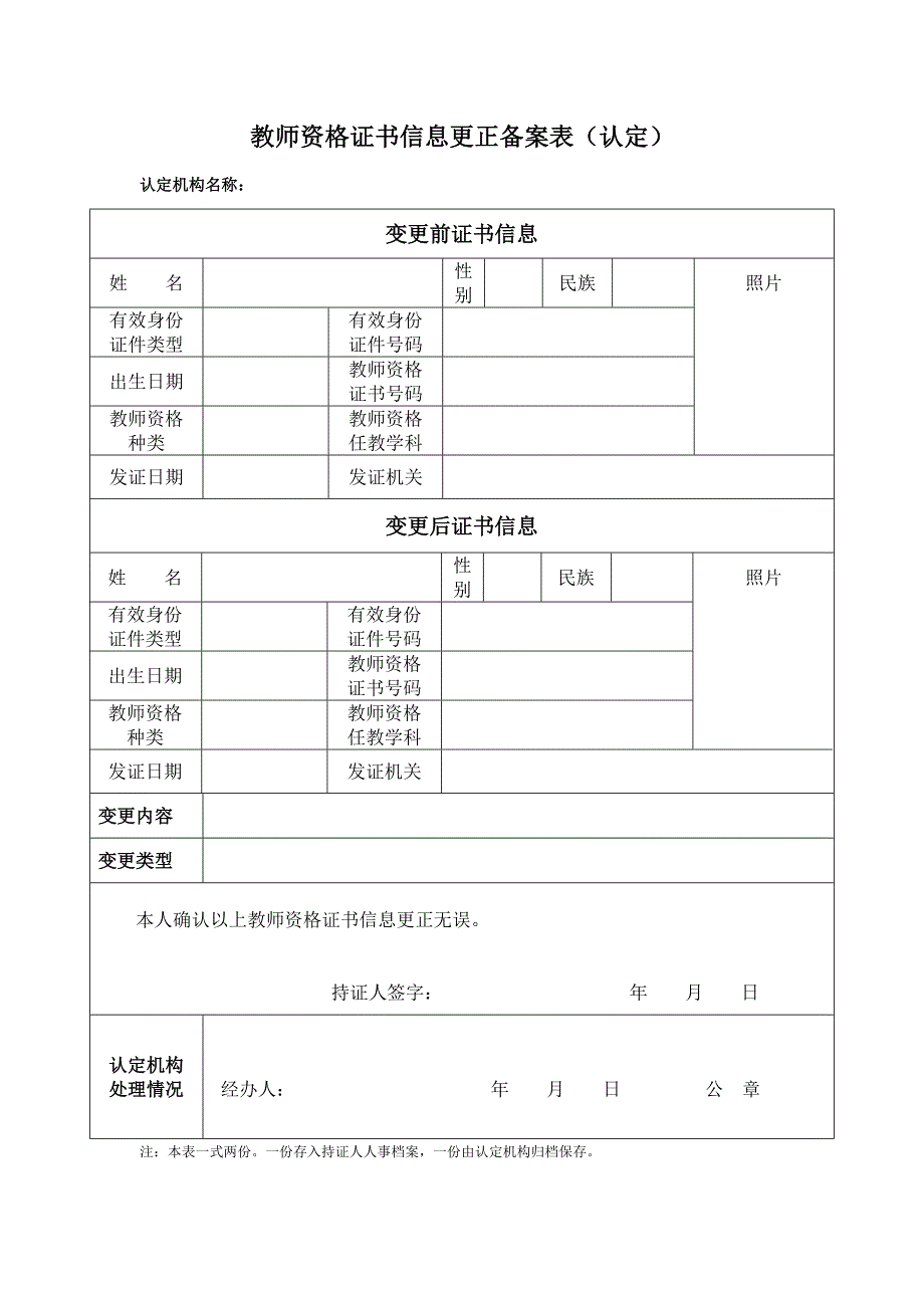 教师资格证书信息更正备案表模板_第1页