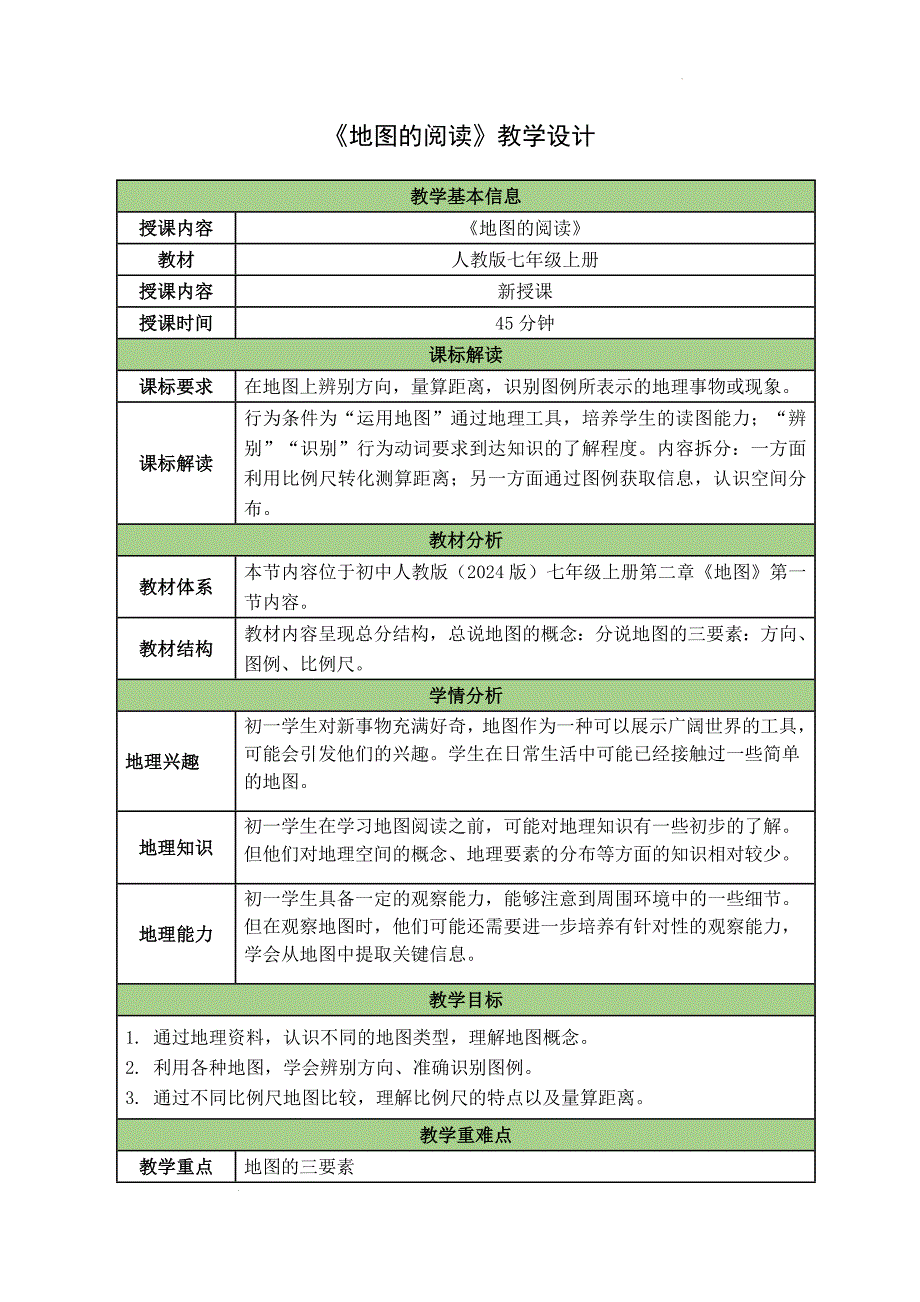 【教案】地图的阅读+教学设计-2024-2025学年七年级地理上学期人教版（2024）_第1页