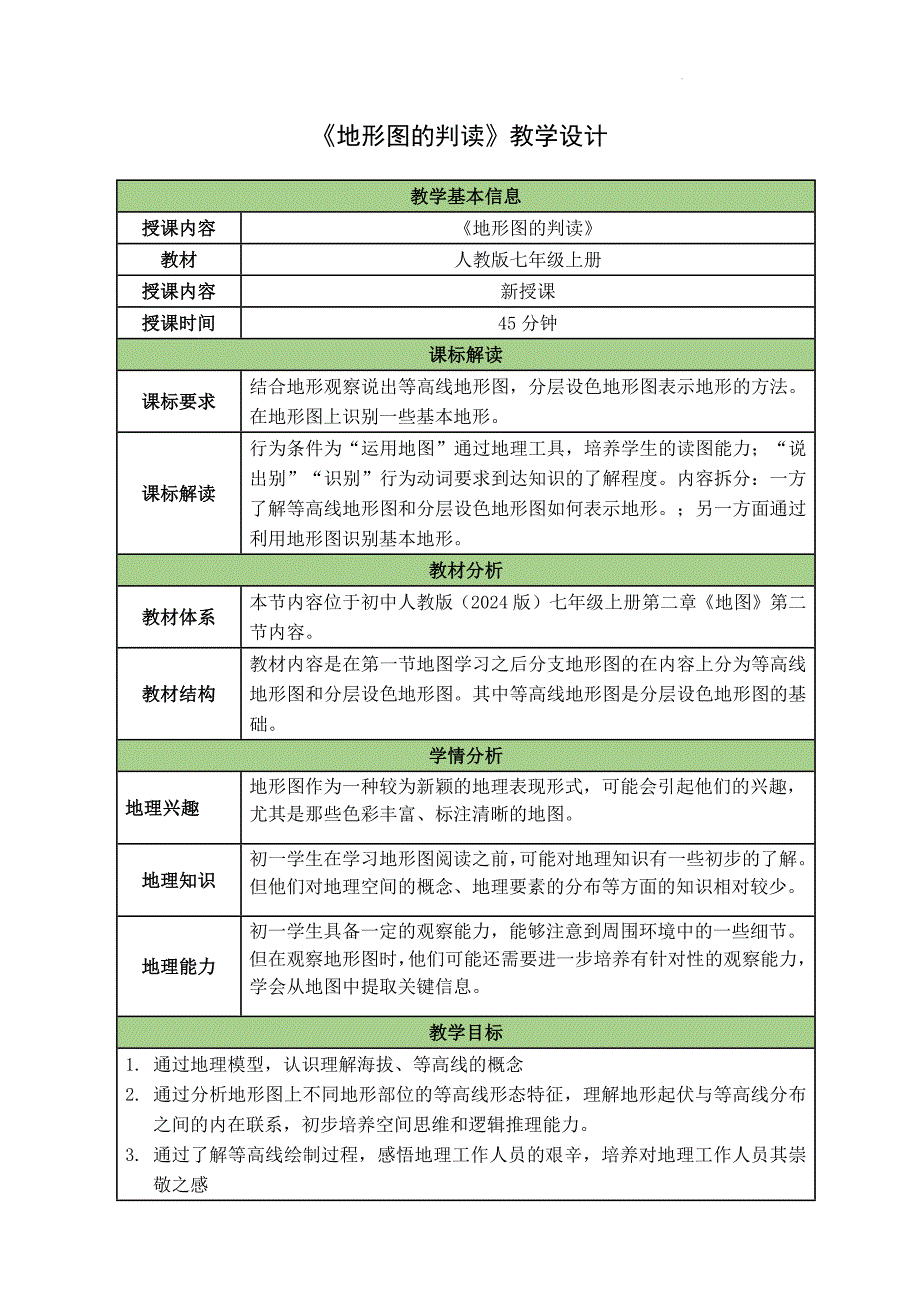 【教案】第二章++第二节地形图的判读教学设计+-2024-2025学年人教版地理七年级上册_第1页