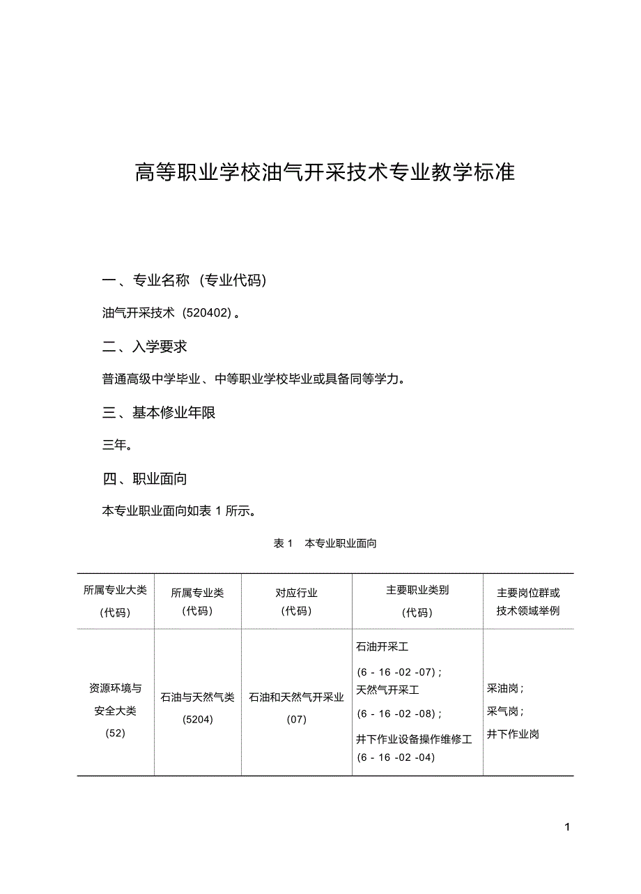 高职学校油气开采技术专业教学标准_第1页