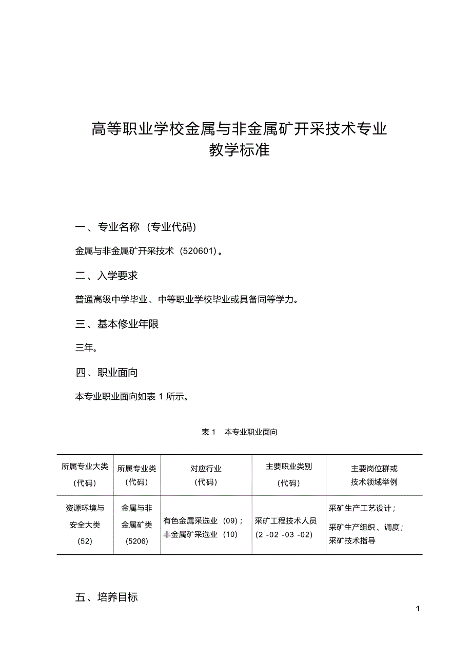 高职学校金属与非金属矿开采技术专业教学标准_第1页