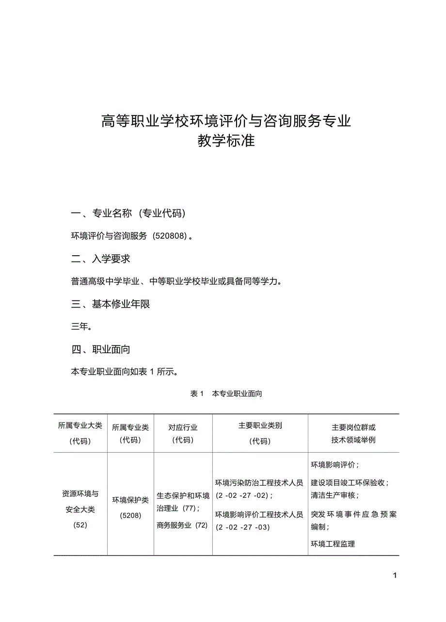 高职学校环境评价与咨询服务专业教学标准_第1页