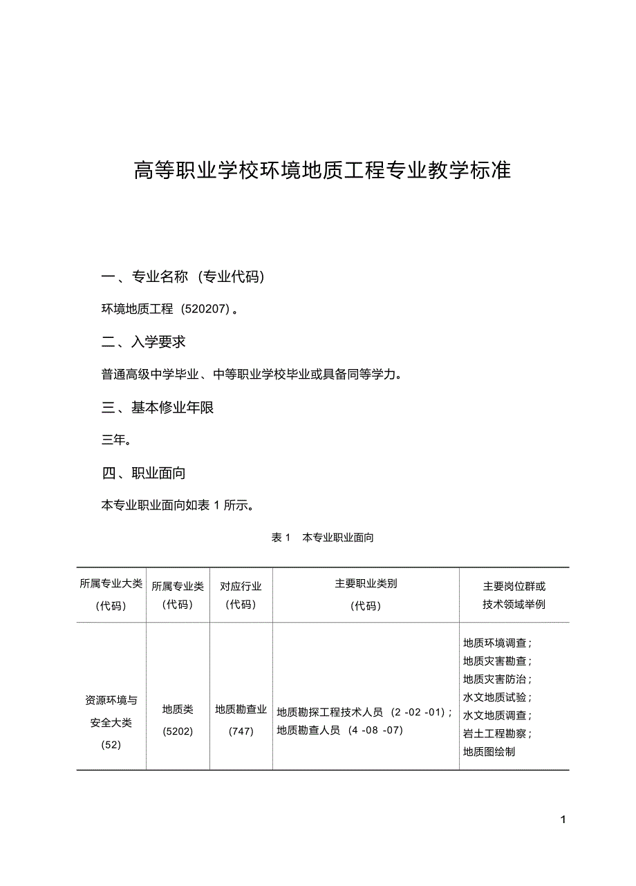 高职学校环境地质工程专业教学标准_第1页