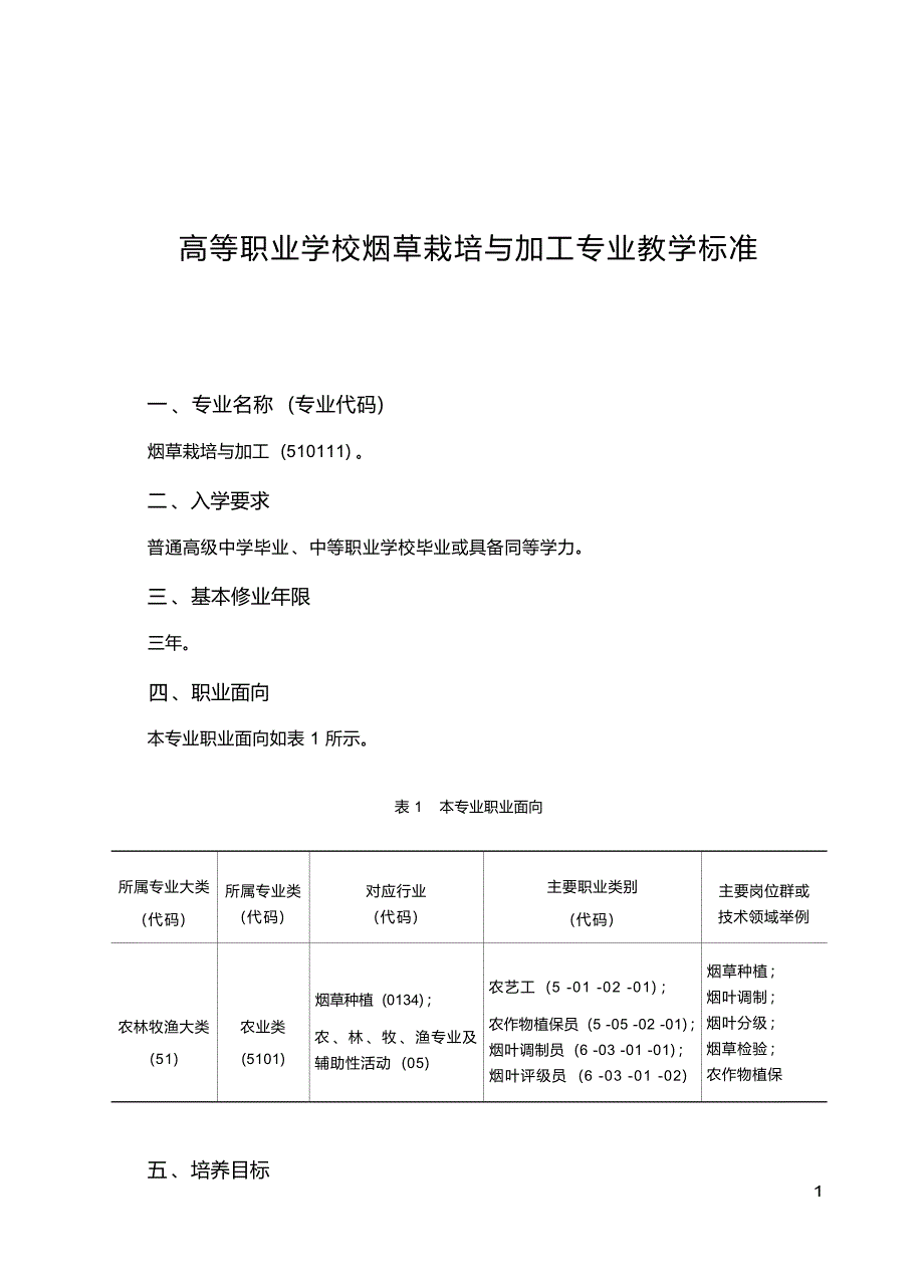 高职学校烟草栽培与加工专业教学标准_第1页