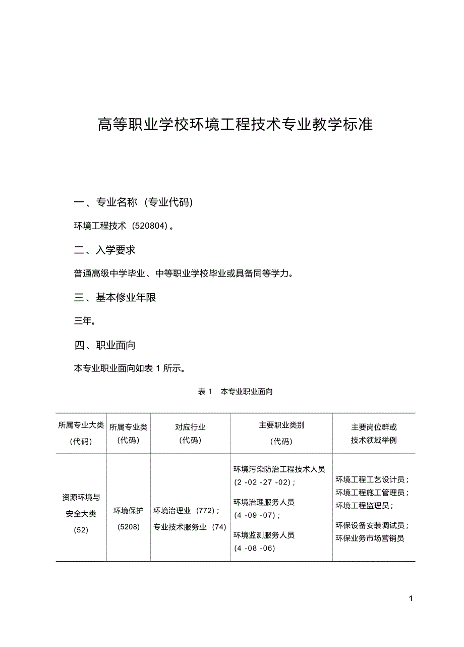 高职学校环境工程技术专业教学标准_第1页