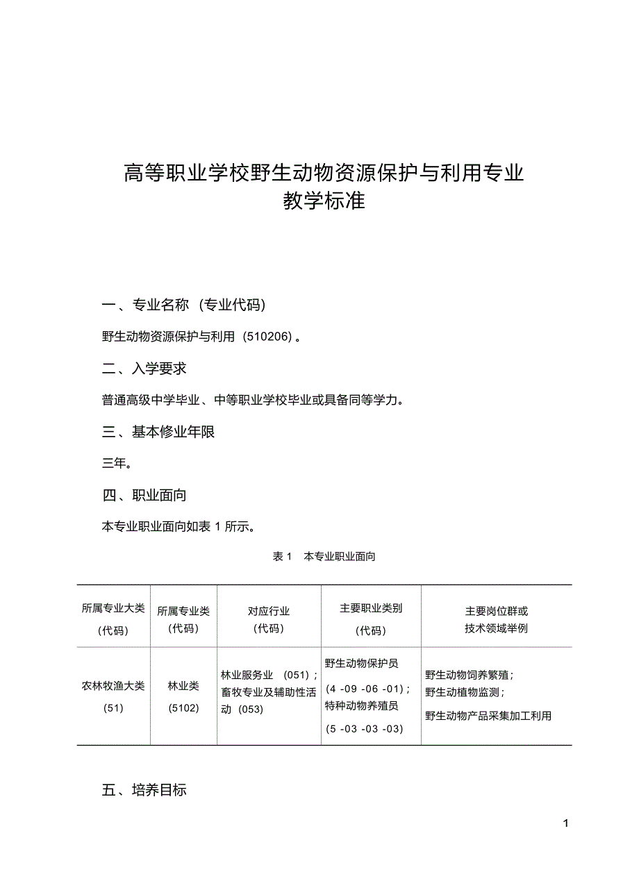 高职学校野生动物资源保护与利用专业教学标准_第1页