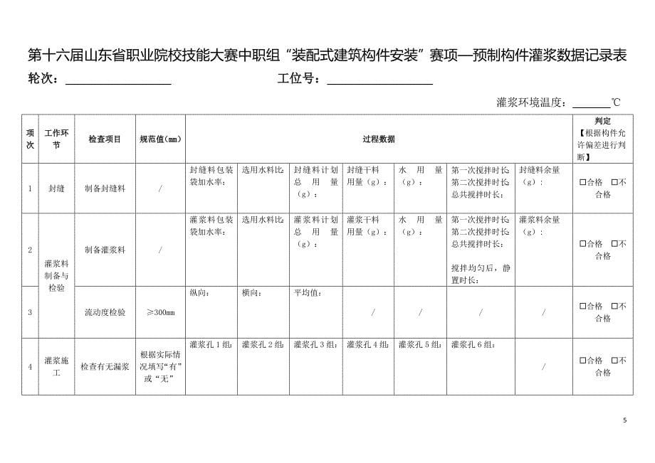 第十六届山东省职业院校技能大赛中职组“装配式建筑构件安装”赛项预制构件灌浆任务书及数据记录表_第5页