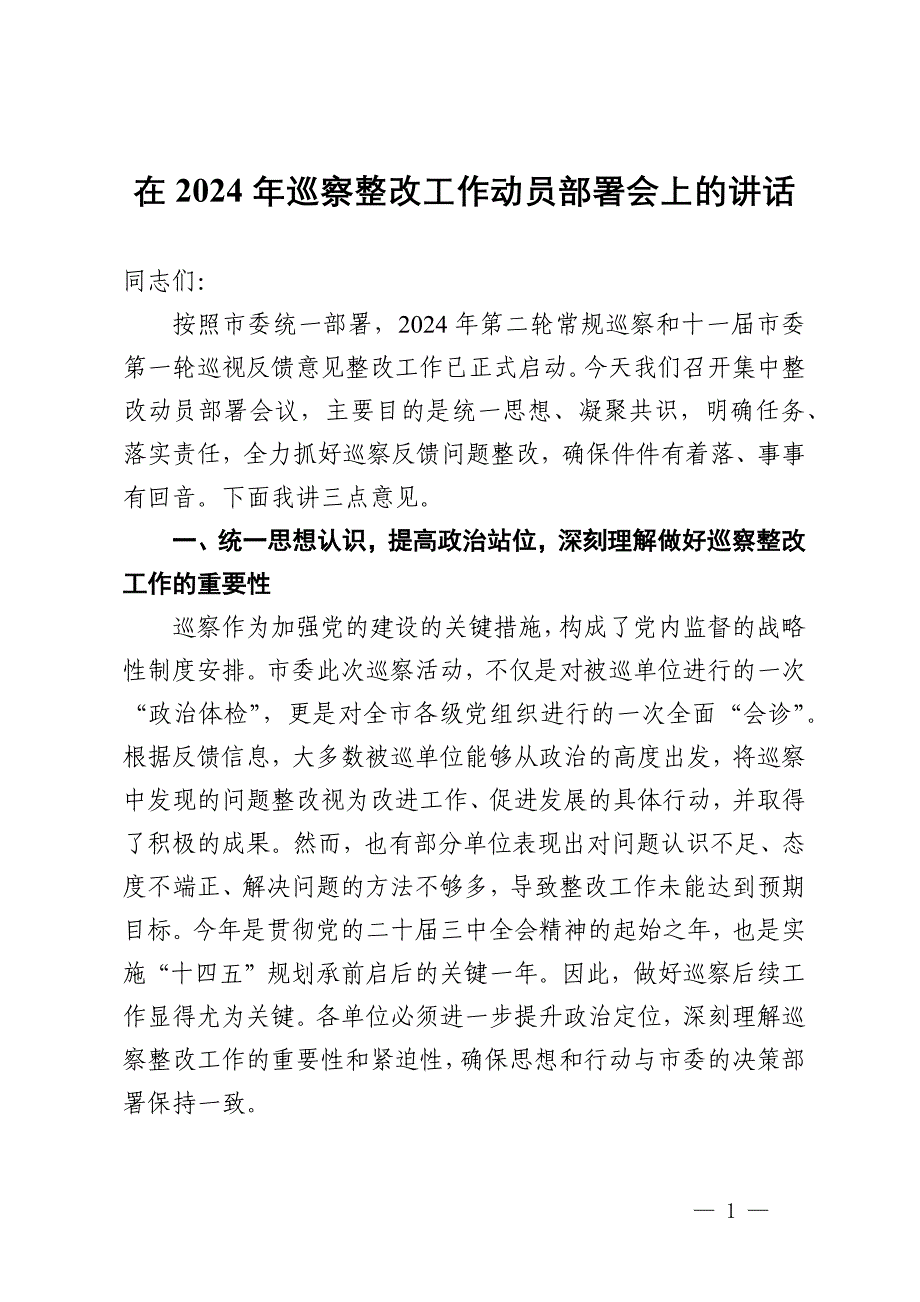 在2024年巡察整改工作动员部署会上的讲话_第1页