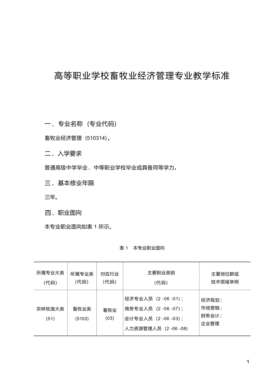 高职学校畜牧业经济管理专业教学标准_第1页