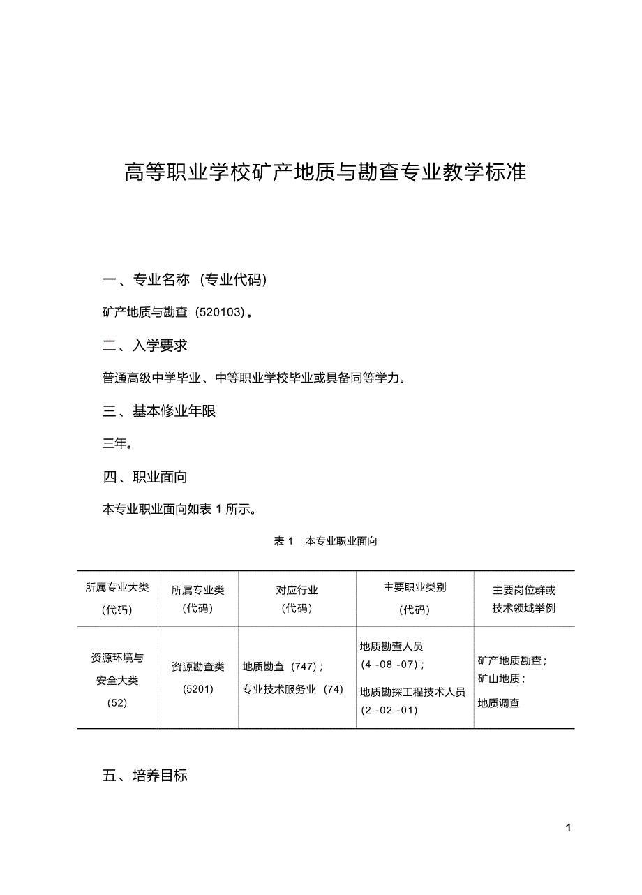 高职学校矿产地质与勘查专业教学标准_第1页