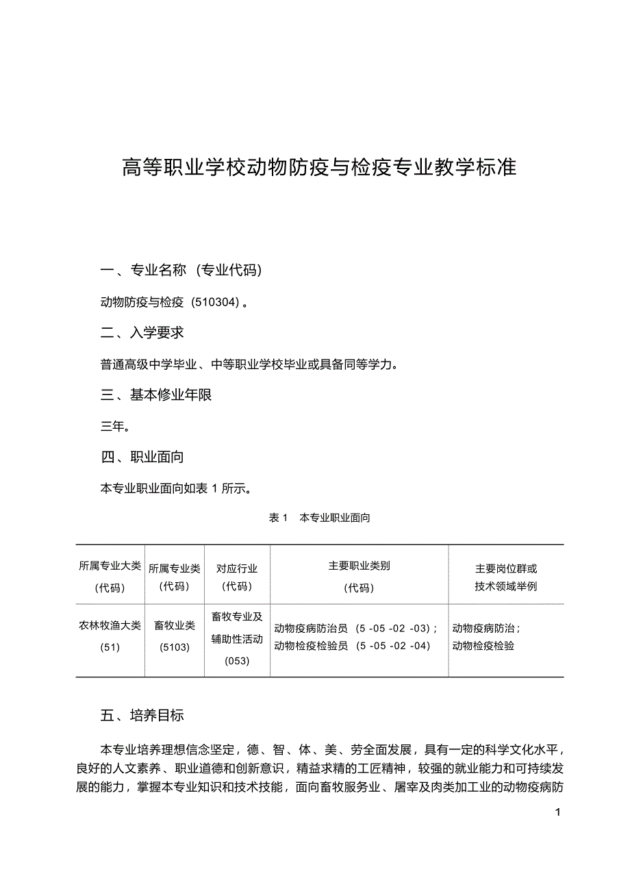 高职学校动物防疫与检疫专业教学标准_第1页