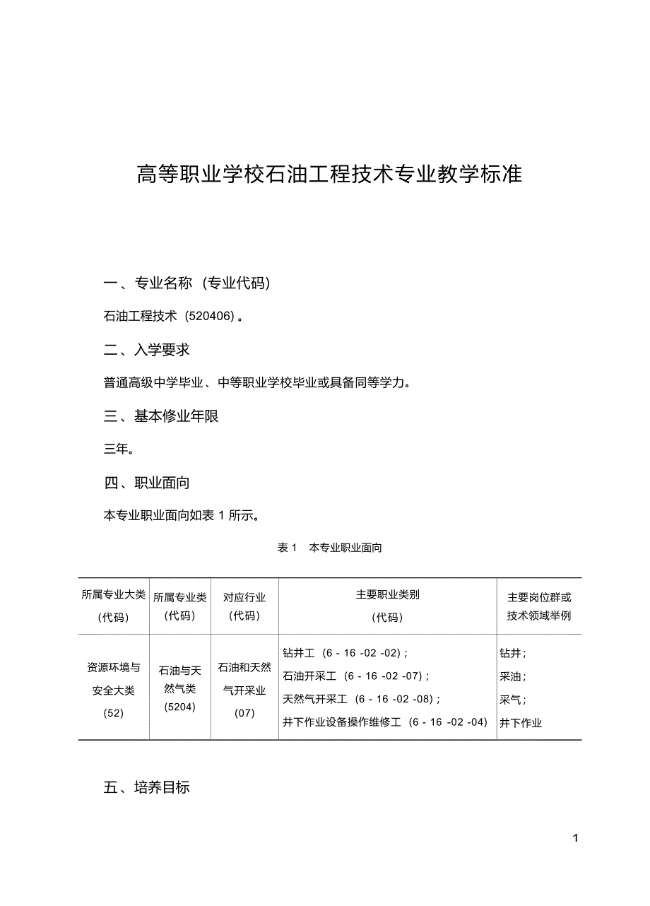 高职学校石油工程技术专业教学标准_第1页