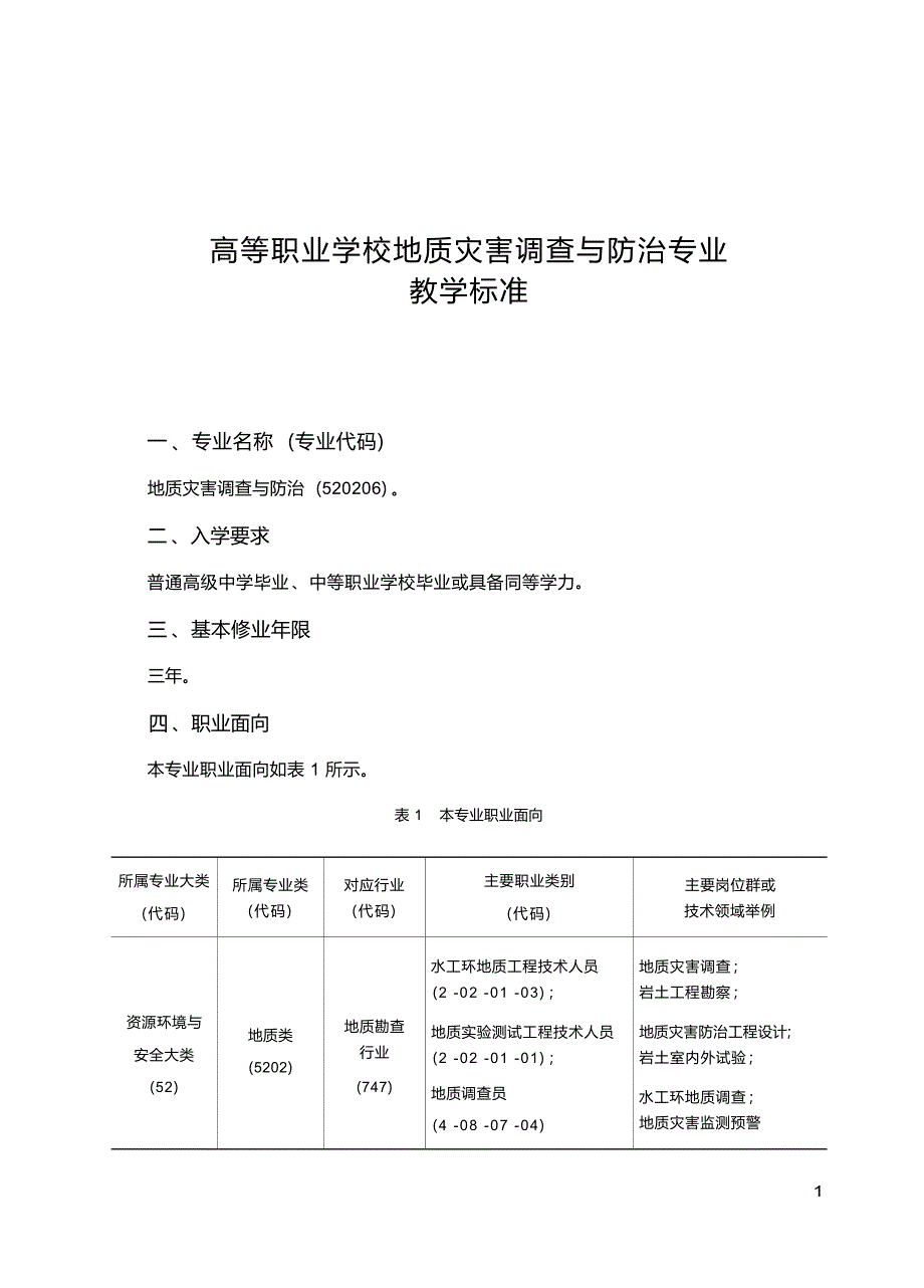 高职学校地质灾害调查与防治专业教学标准_第1页