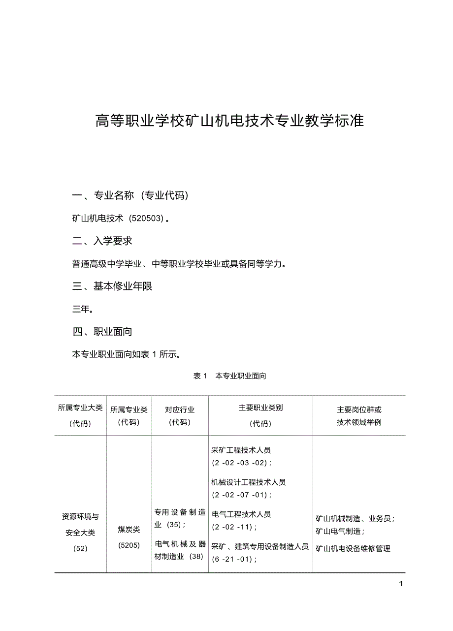 高职学校矿山机电技术专业教学标准_第1页