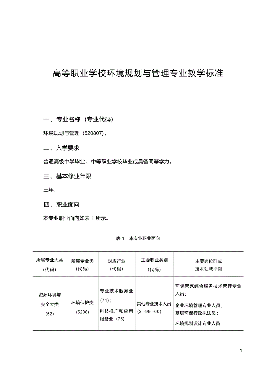 高职学校环境规划与管理专业教学标准_第1页