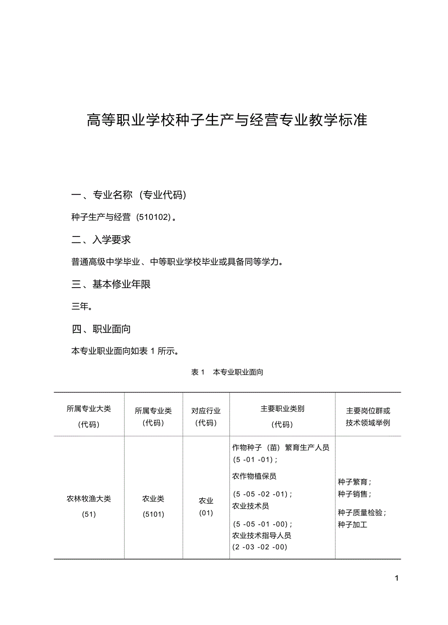 高职学校种子生产与经营专业教学标准_第1页