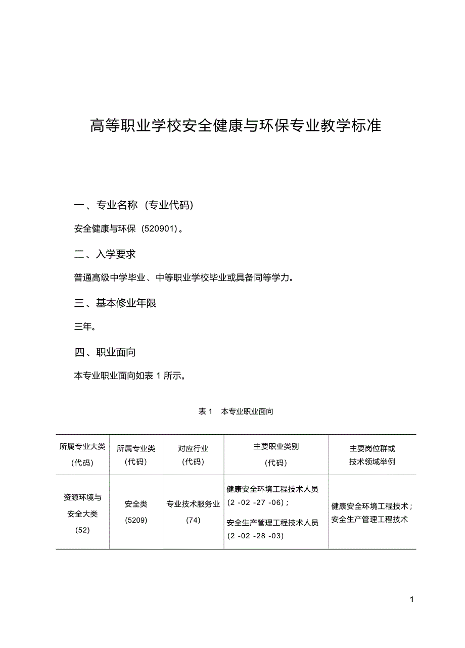 高职学校安全健康与环保专业教学标准_第1页