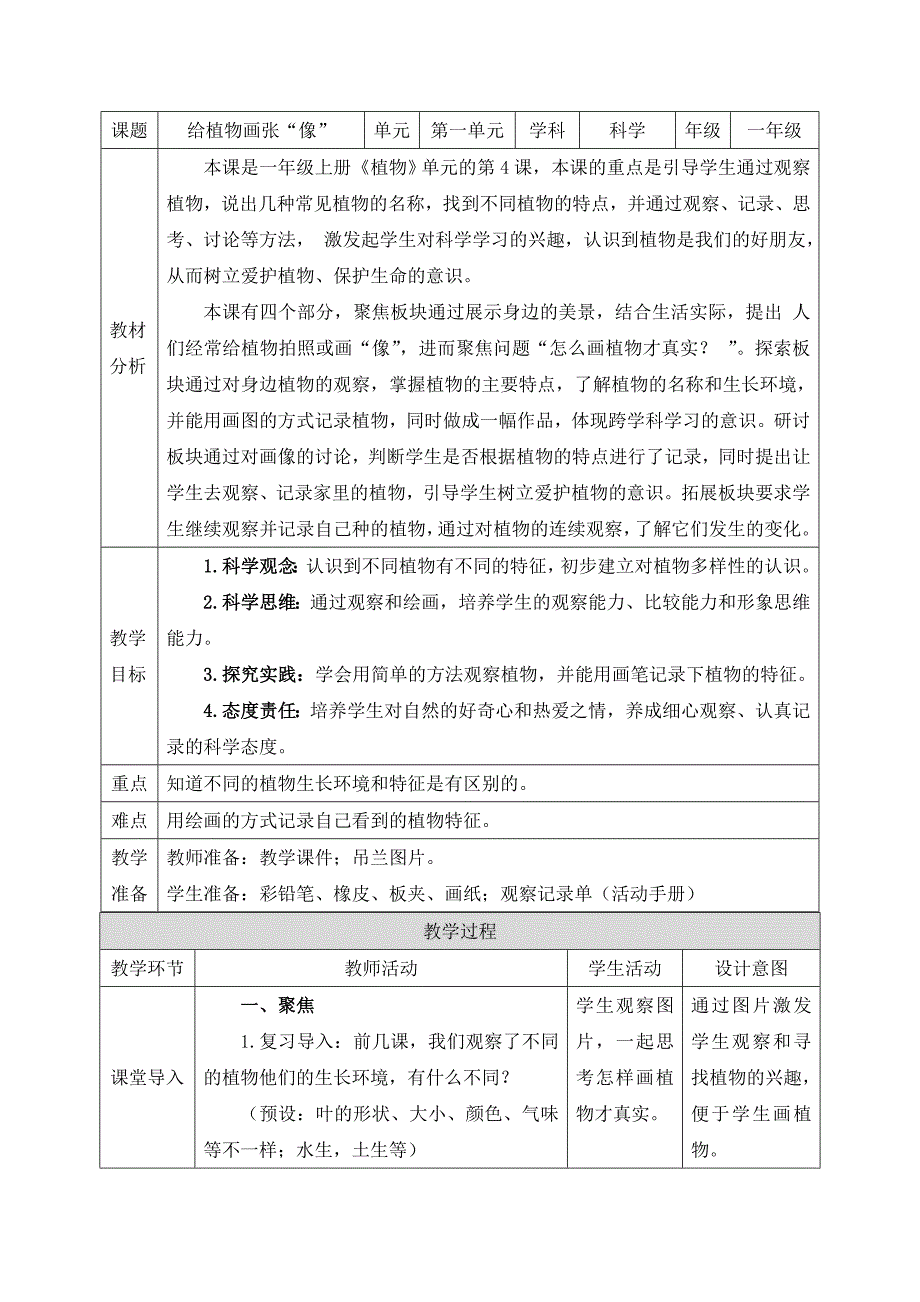 教科版（2024）一年级科学上册第一单元《4.给植物画张“像”》精品教案_第1页