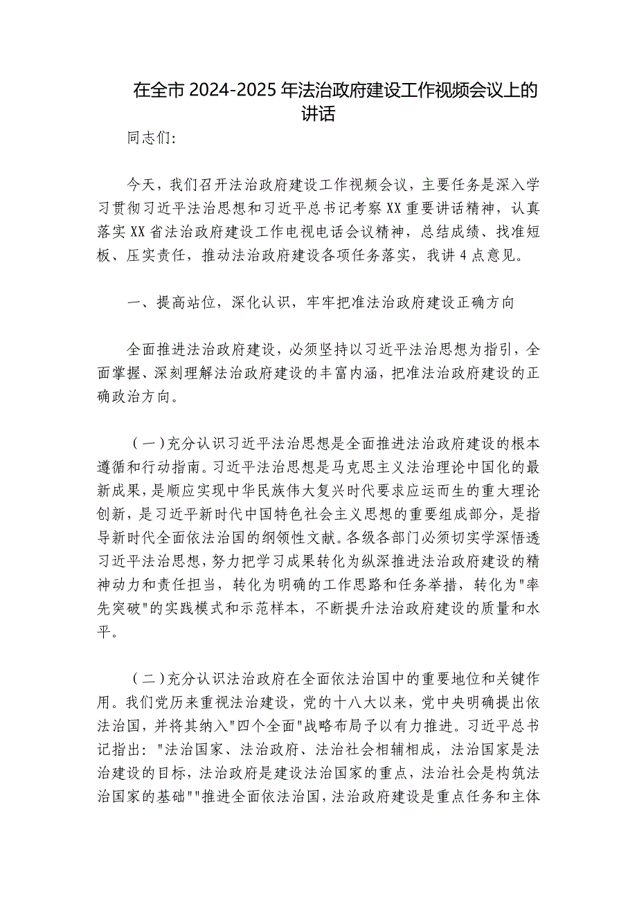 在全市2024-2025年法治政府建设工作视频会议上的讲话_第1页