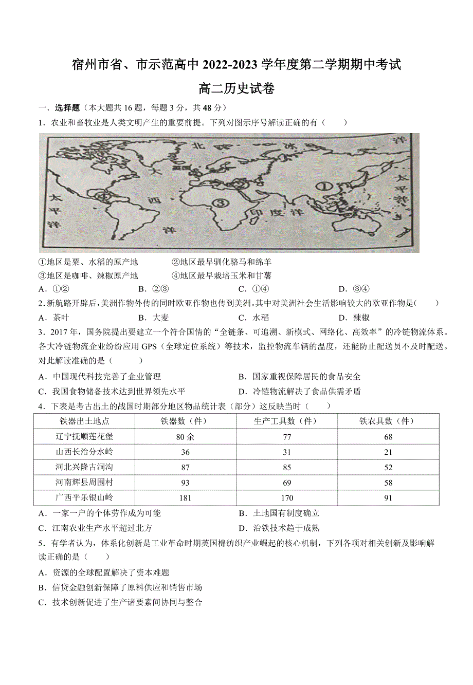 安徽省宿州市省、市示范高中联考2022-2023学年高二下学期期中考试历史试题含答案_第1页