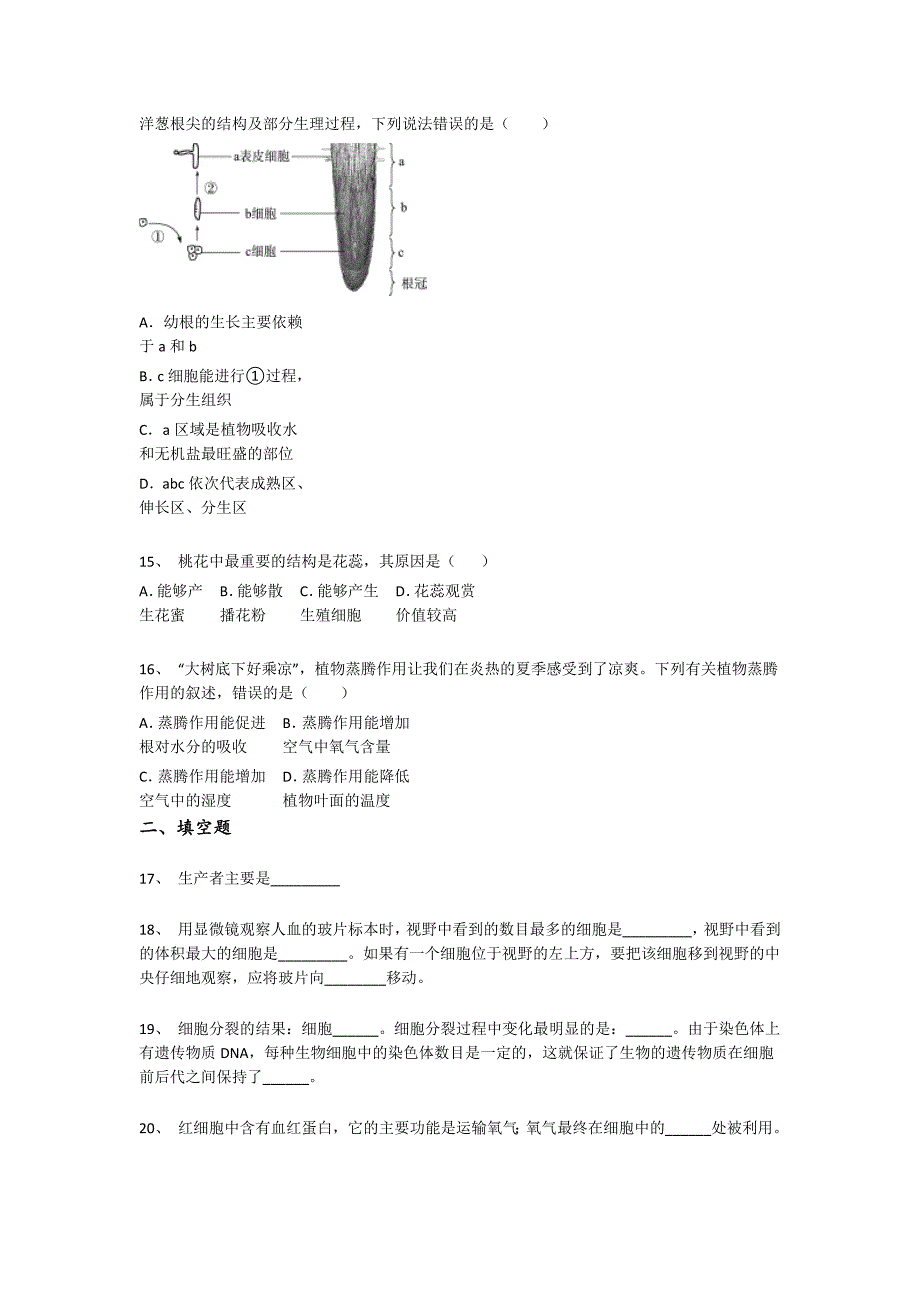 河南省荥阳市初中生物七年级期末上册高分专项特训题(附答案）_第4页