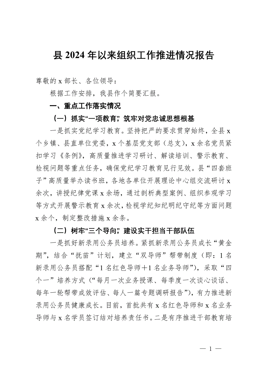 县2024年以来组织工作推进情况报告_第1页