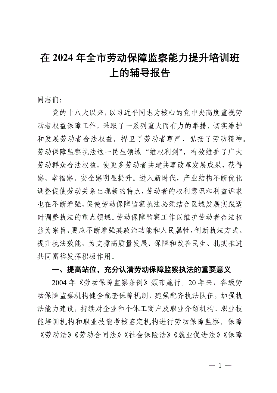 在2024年全市劳动保障监察能力提升培训班上的辅导报告_第1页