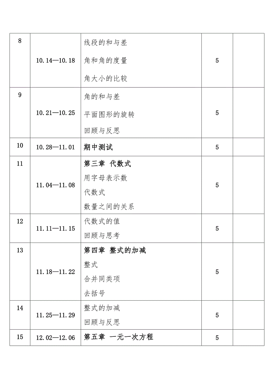 2024年秋学期冀教版初中数学七年级上册教学进度表_第2页