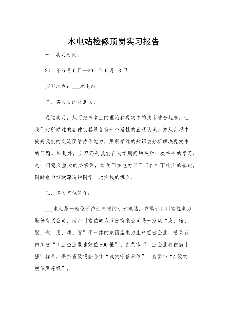 水电站检修顶岗实习报告_第1页