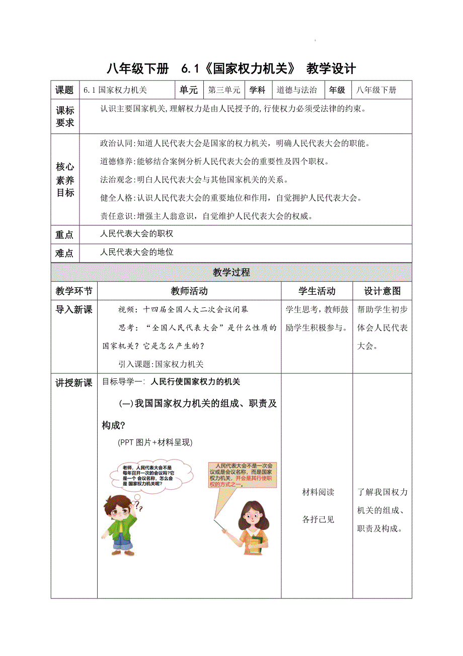 部编版八年级道德与法治下册6.1《国家权力机关》精美教案_第1页