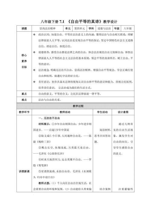 部编版八年级道德与法治下册7.1《自由平等的真谛》精美教案