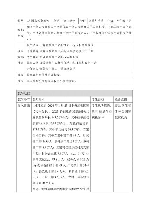 部编版八年级道德与法治下册6.4《国家监察机关》精美教案