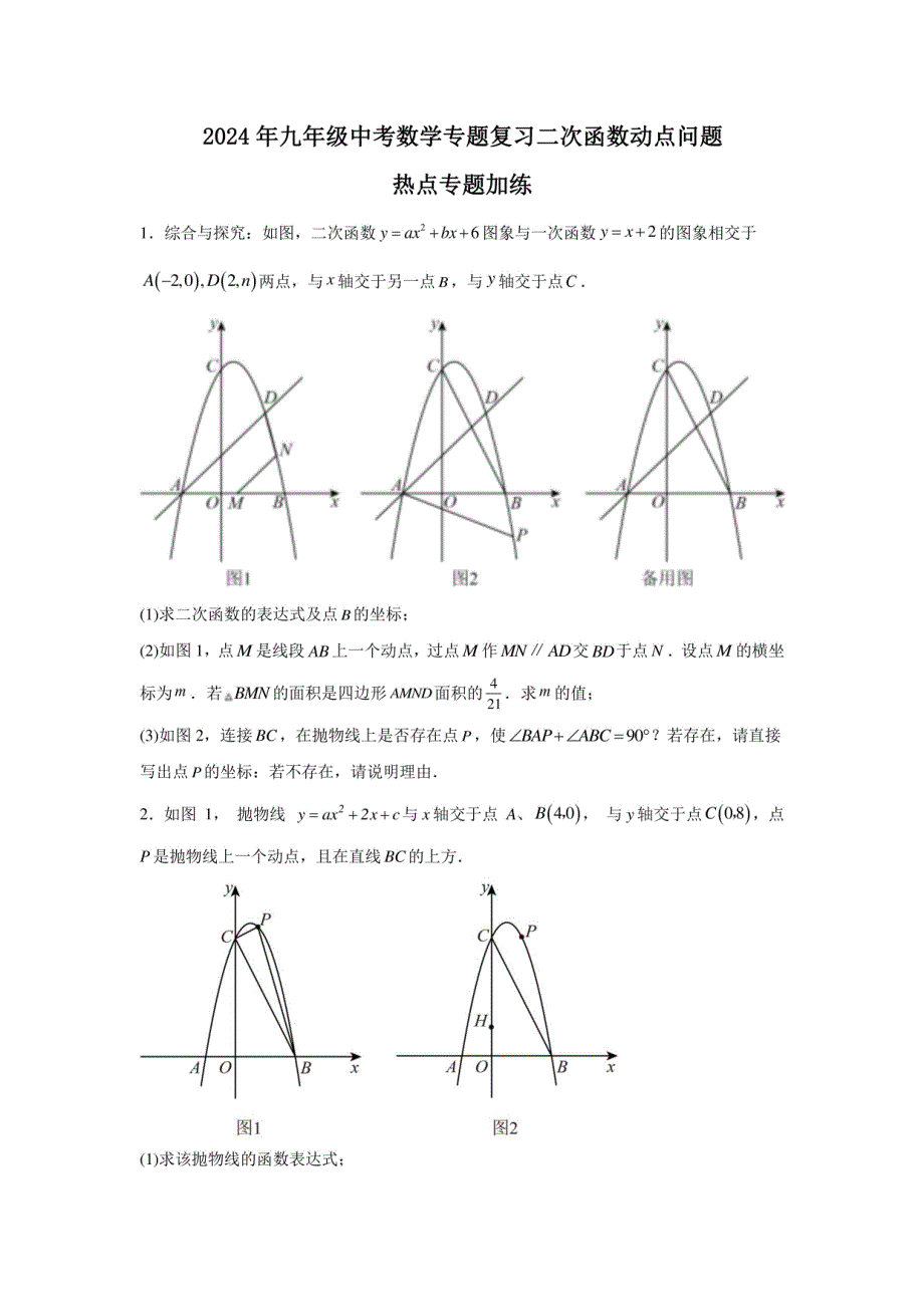 2024年九年级中考数学复习：二次函数动点问题_第1页