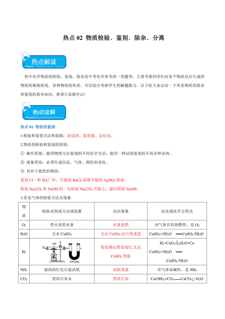 2024年中考化学二轮复习：物质检验﹑鉴别﹑除杂﹑分离（解析版）_第1页