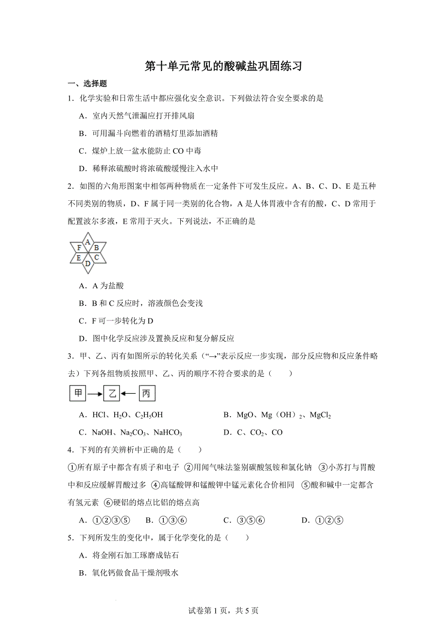 【化 学】常见的酸碱盐巩固练习-2024-2025学年九年级化学人教版（2024）下册_第1页