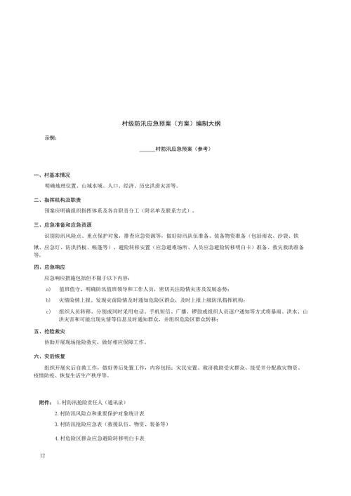 村级防汛应急预案（方案）编制大纲