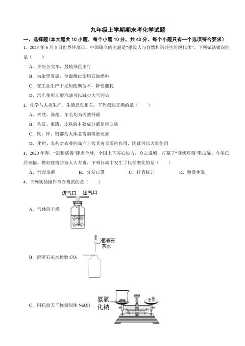 黑龍江大慶市2024年九年級(jí)上學(xué)期期末考化學(xué)試題附參考答案