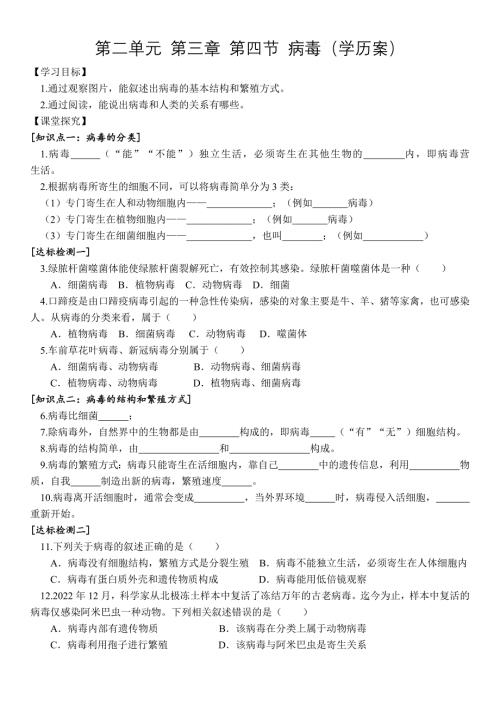 【生 物】病毒学历案-2024--2025学年人教版生物七年级上册