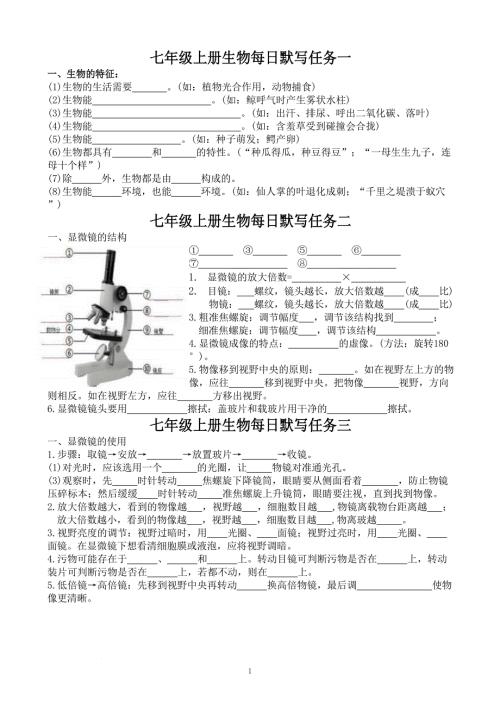【生 物】2024-2025学年人教版生物七年级上册期末冲刺每日默写(20天）
