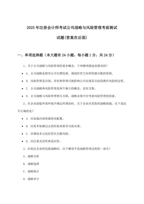 2025年注册会计师考试公司战略与风险管理试题及答案指导