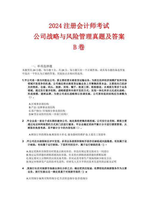 2024注册会计师考试公司战略与风险管理真题及答案B卷