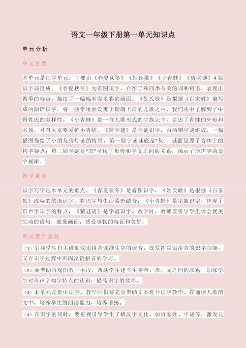 语文一年级下册第一单元知识点