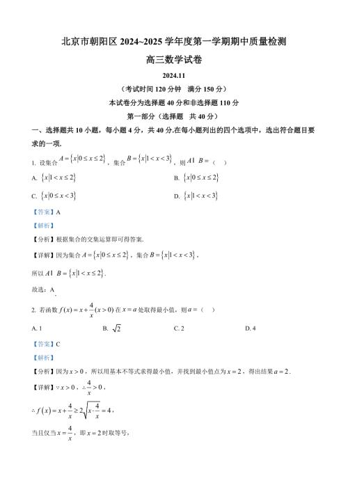 北京朝阳区2024-2025学年高三上学期期中检测数学试卷 含解析