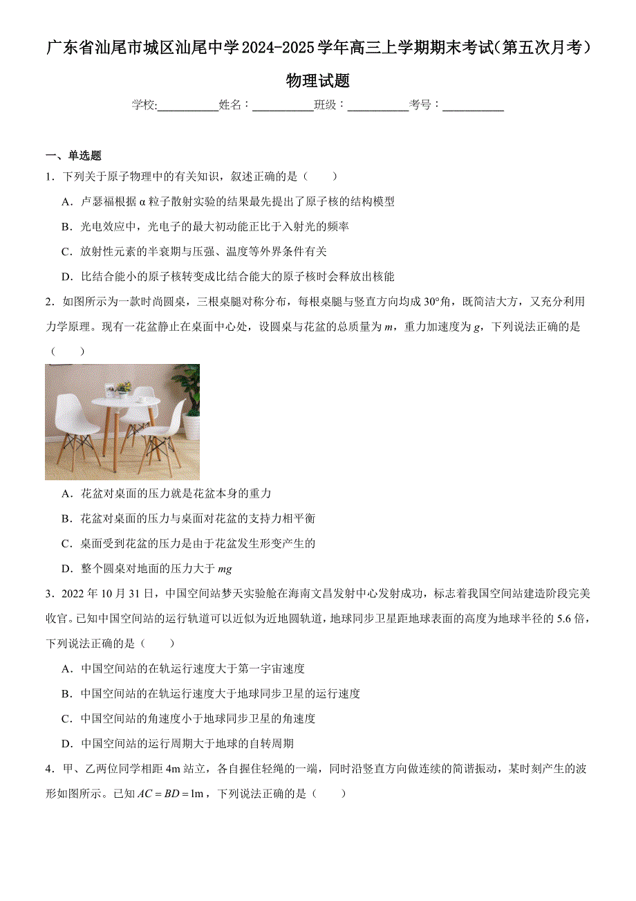 广东省汕尾市城区汕尾中学2024-2025学年高三上学期期末考试（第五次月考）物理试题_第1页