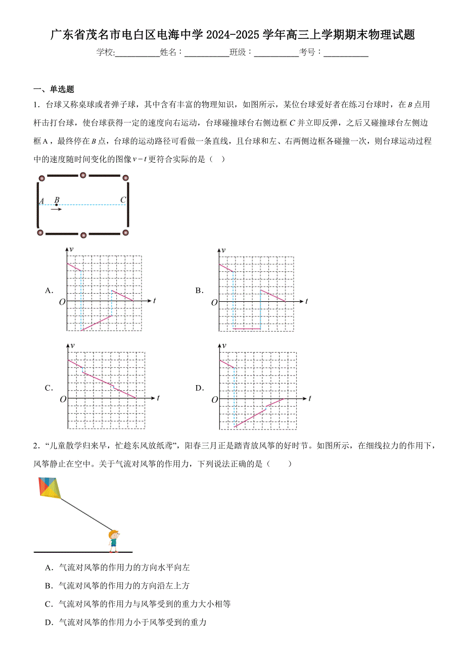 广东省茂名市电白区电海中学2024-2025学年高三上学期期末物理试题_第1页